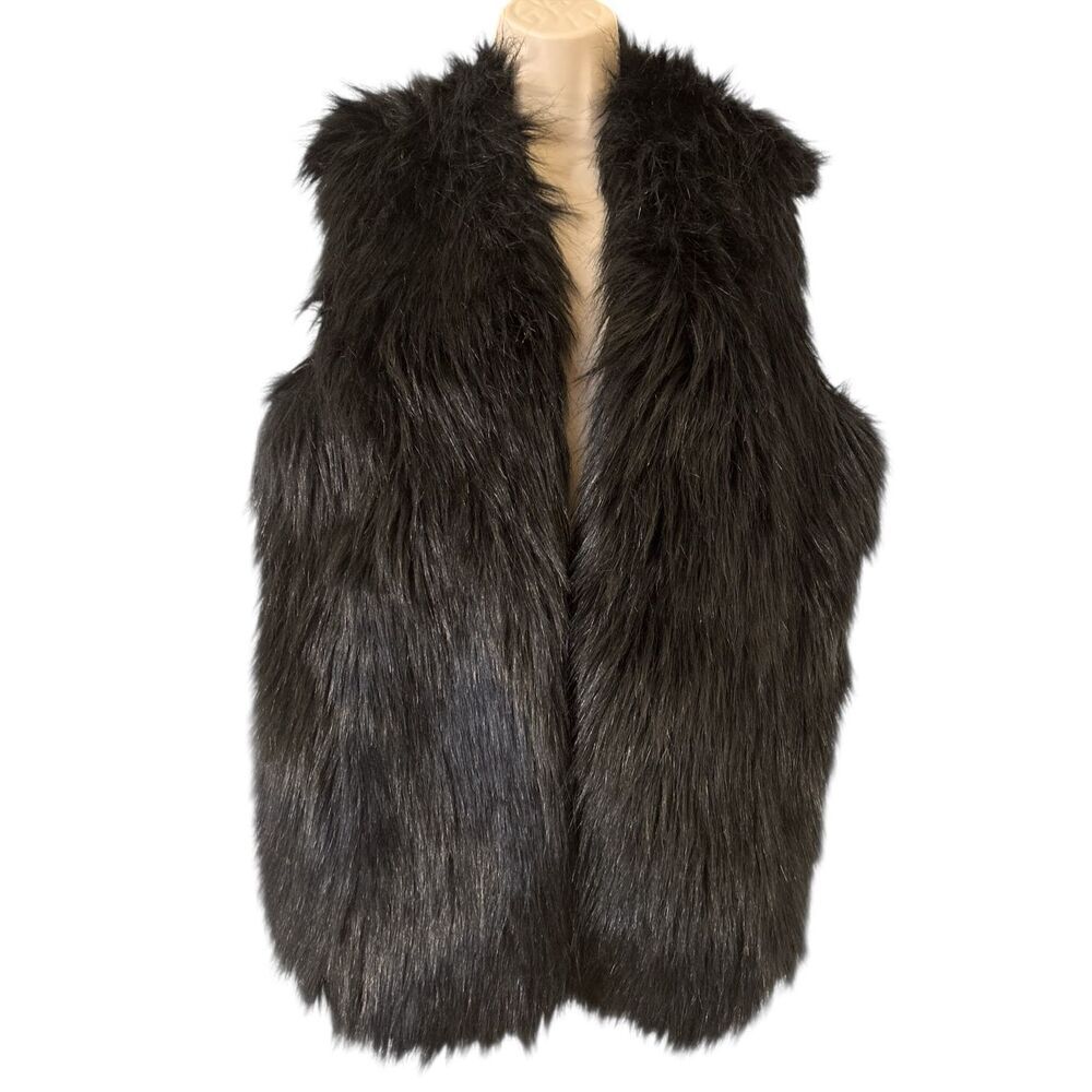 CHAUS New York Black lined Faux Fur Vest Size Small Open Front
